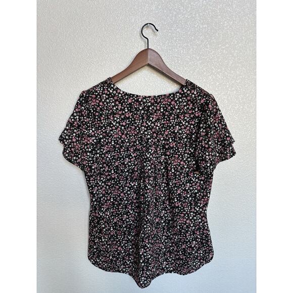 Pleione black floral blouse womens L flutter short sleeve modest career casual - Picture 4 of 5